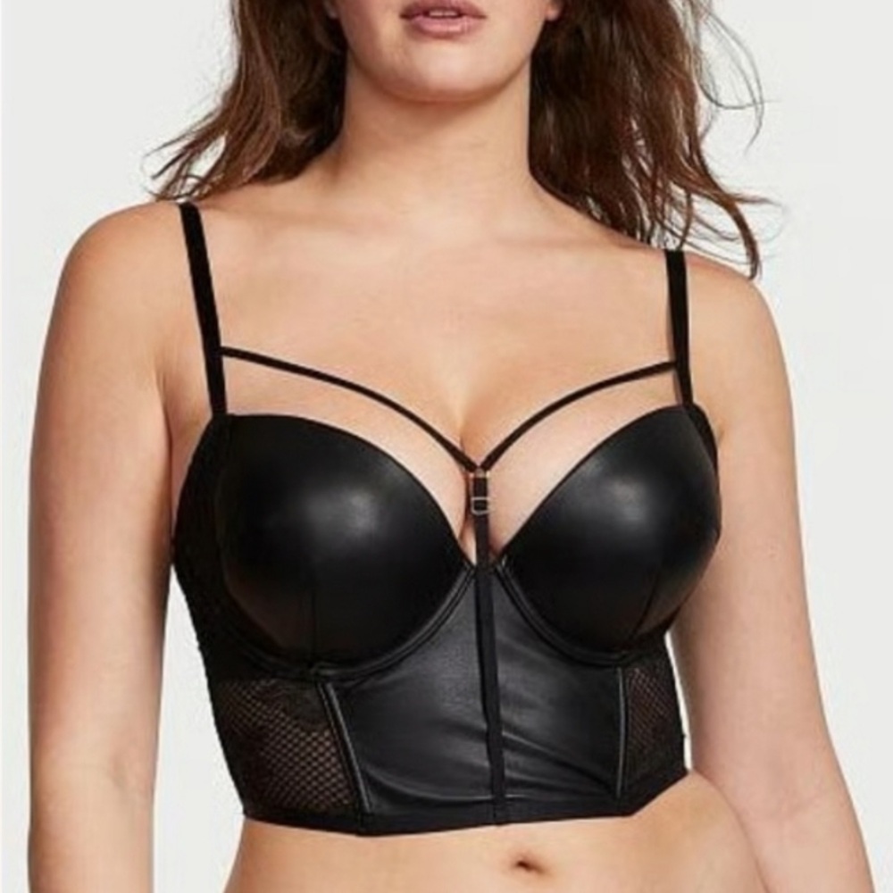 VICTORIAS SECRET BLACK LEATHER FISHNET MESH VERY SEXY PUSH-UP CORSET BUSTIER BRA - Picture 9 of 10